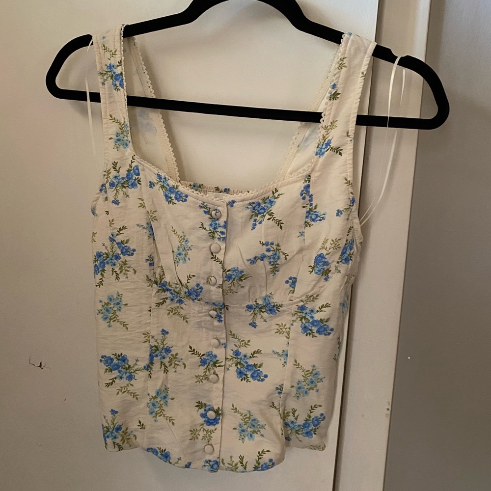 Floral Sleeveless Blouse - Cream and Blue